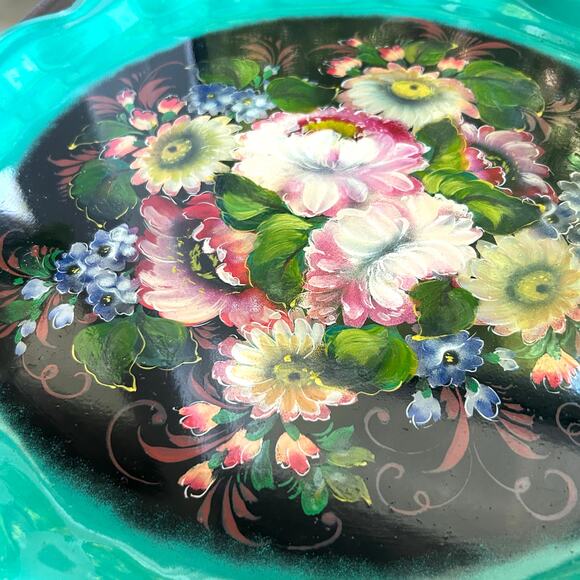 Vintage Zhostovo Russian Tole Tray with Bright Floral & Green Rim 15” - Picture 8 of 15